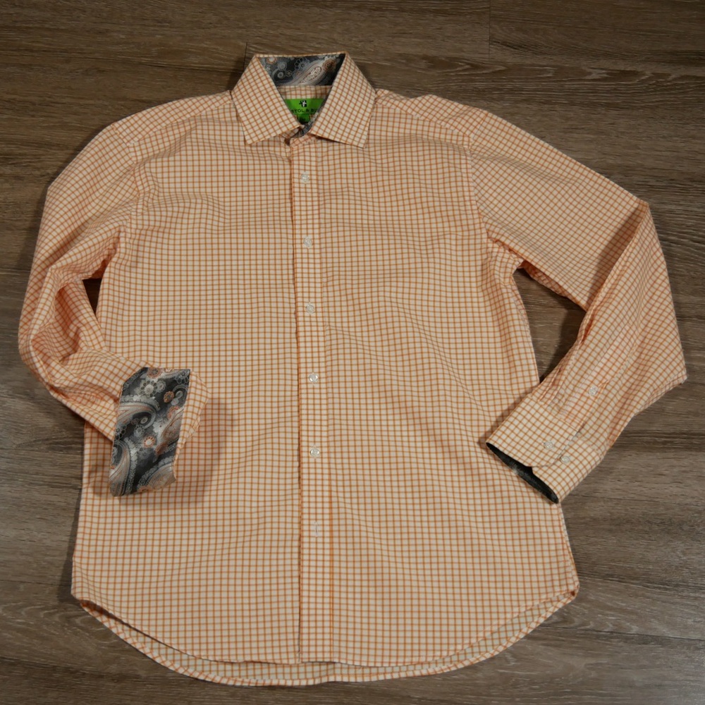 Bristol‎ & Bull Mens Orange White Check Paisley Trim Button Down Shirt Size M